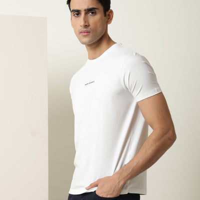 Rare Rabbit Men's Rabbi Off White Cotton Lycra Fabric Crew Neck Half Sleeves Regular Fit Rare Branding Solid T-Shirt