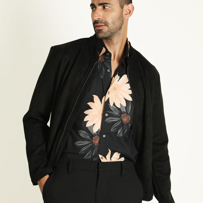 Rare Rabbit Men's Sink Black Plain Band Collar Suede Smart Jacket