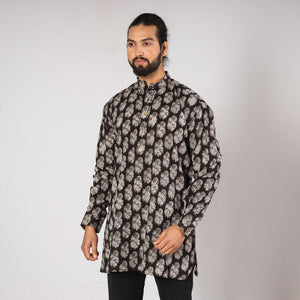 Black - Bagru Block Printing Cotton Men Short Kurta