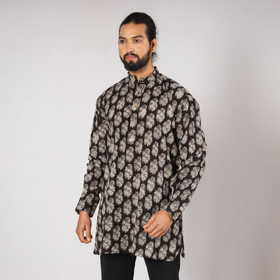 Black - Bagru Block Printing Cotton Men Short Kurta