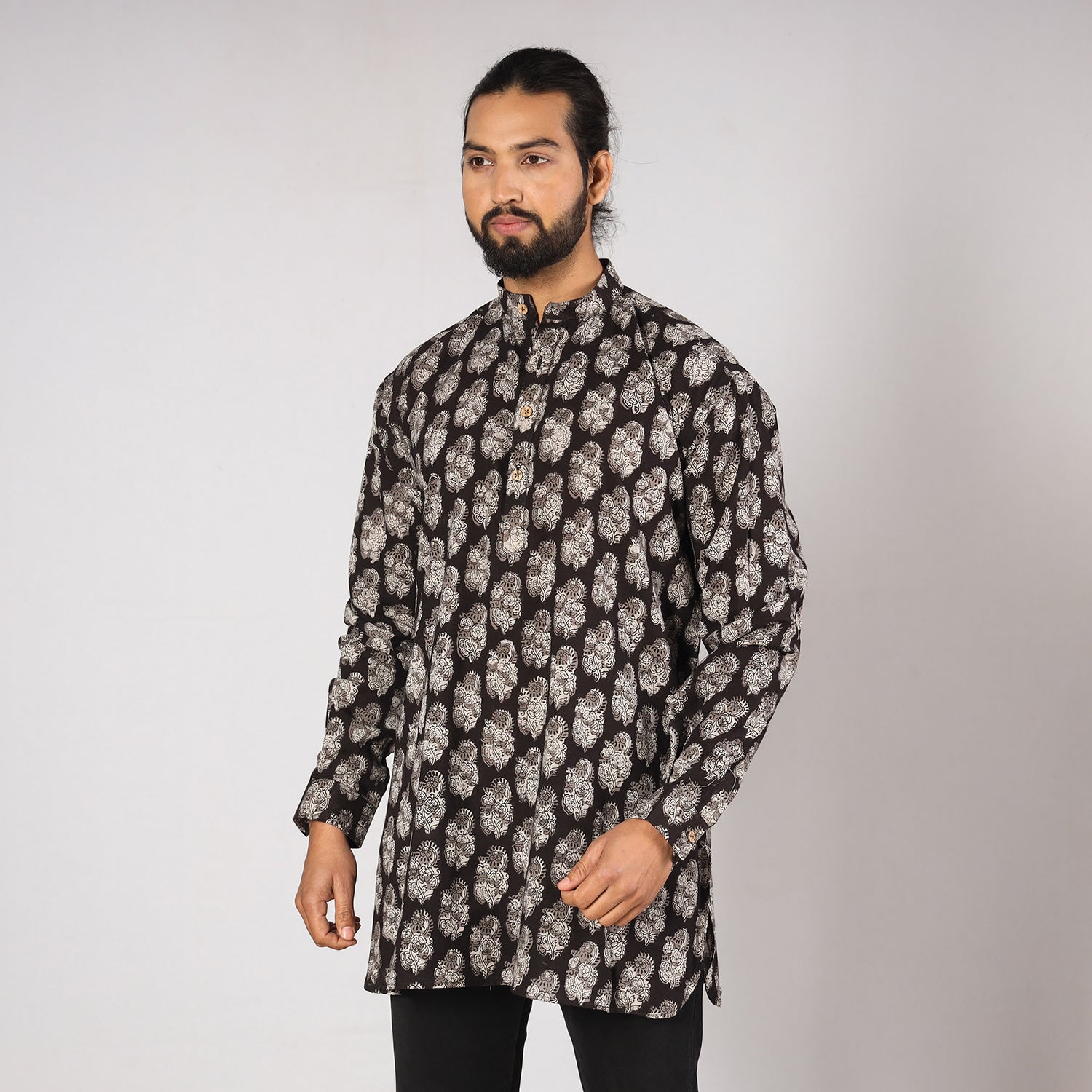 Black - Bagru Block Printing Cotton Men Short Kurta
