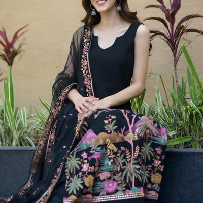Shreya black Embroidered georgette set