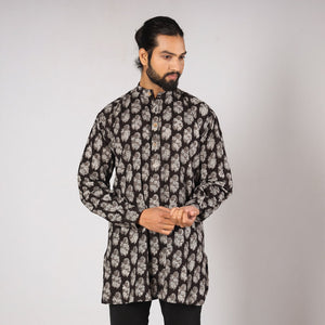 Black - Bagru Block Printing Cotton Men Short Kurta