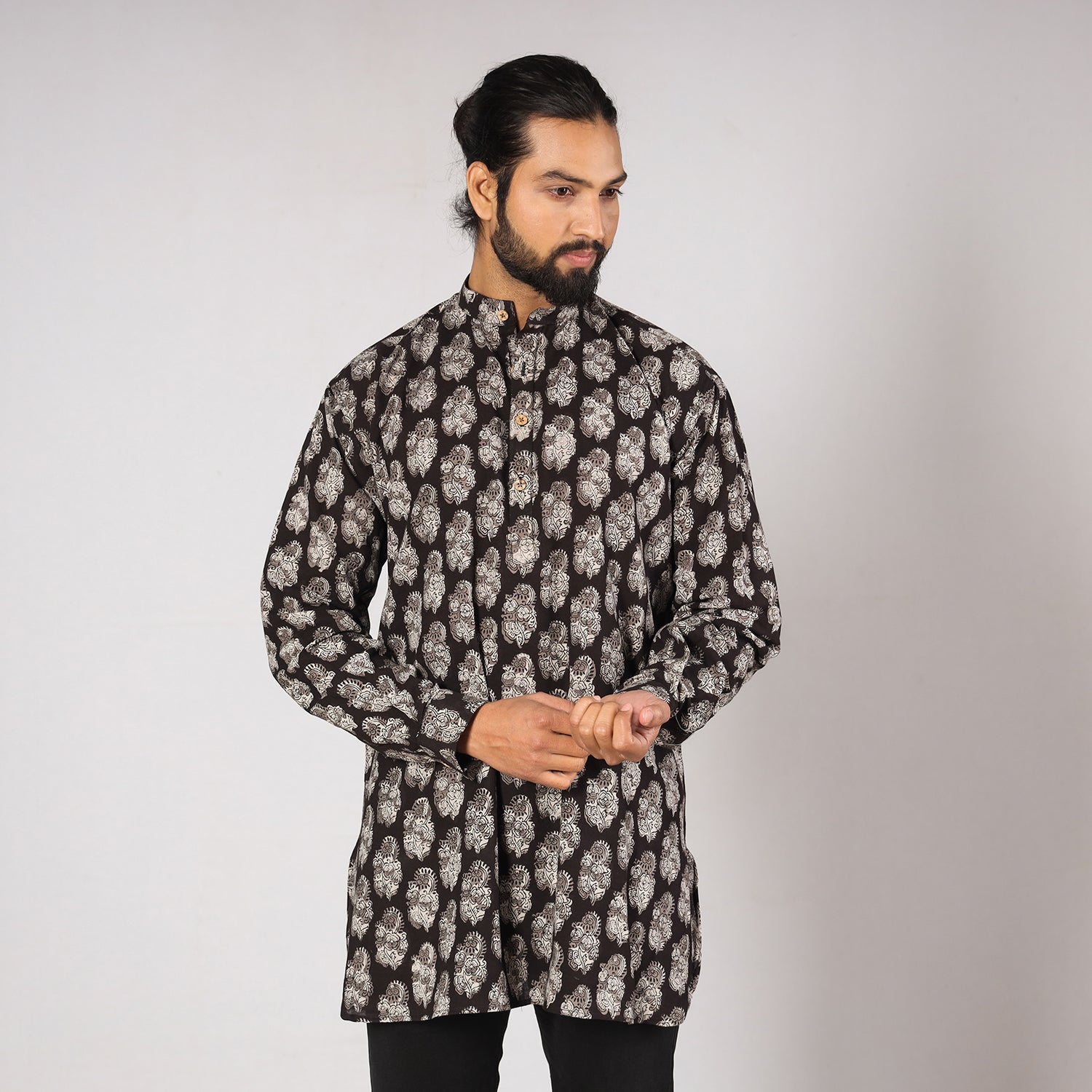 Black - Bagru Block Printing Cotton Men Short Kurta