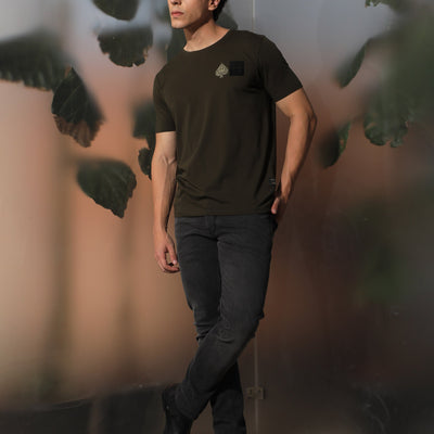 Rare Rabbit Men's Royd Olive Cotton Lycra Fabric Crew Neck Half Sleeves Regular Fit Graphic Print Branding and Logo T-Shirt