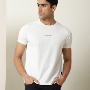 Rare Rabbit Men's Rabbi Off White Cotton Lycra Fabric Crew Neck Half Sleeves Regular Fit Rare Branding Solid T-Shirt
