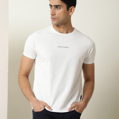 Rare Rabbit Men's Rabbi Off White Cotton Lycra Fabric Crew Neck Half Sleeves Regular Fit Rare Branding Solid T-Shirt