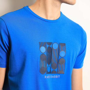 Rare Rabbit Men's Forest Blue Crew Neck Graphic Printed Half Sleeves Slim Fit T-Shirt