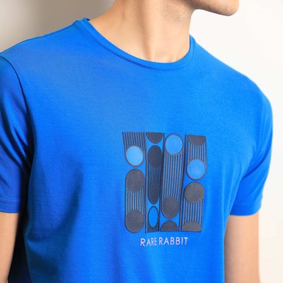 Rare Rabbit Men's Forest Blue Crew Neck Graphic Printed Half Sleeves Slim Fit T-Shirt