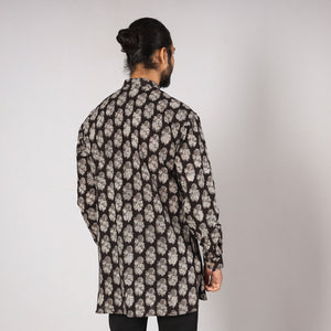 Black - Bagru Block Printing Cotton Men Short Kurta