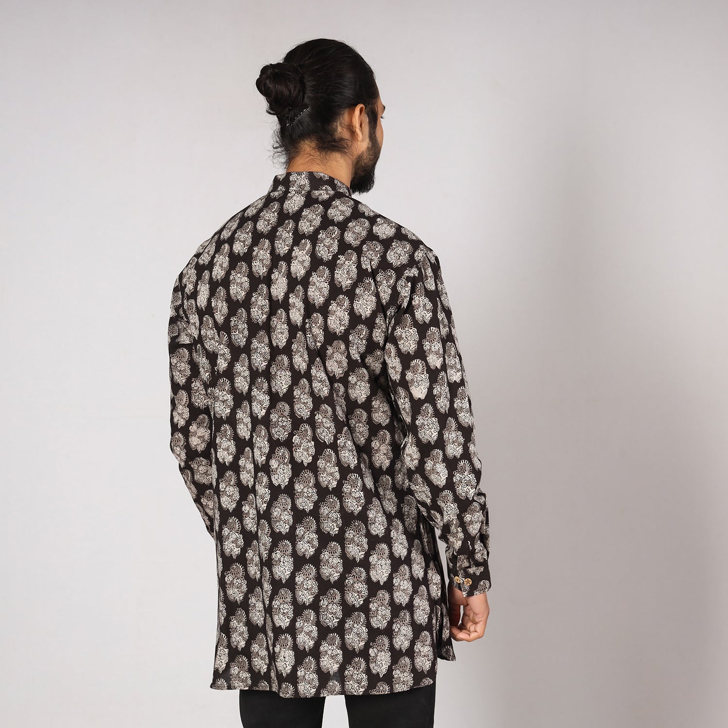 Black - Bagru Block Printing Cotton Men Short Kurta