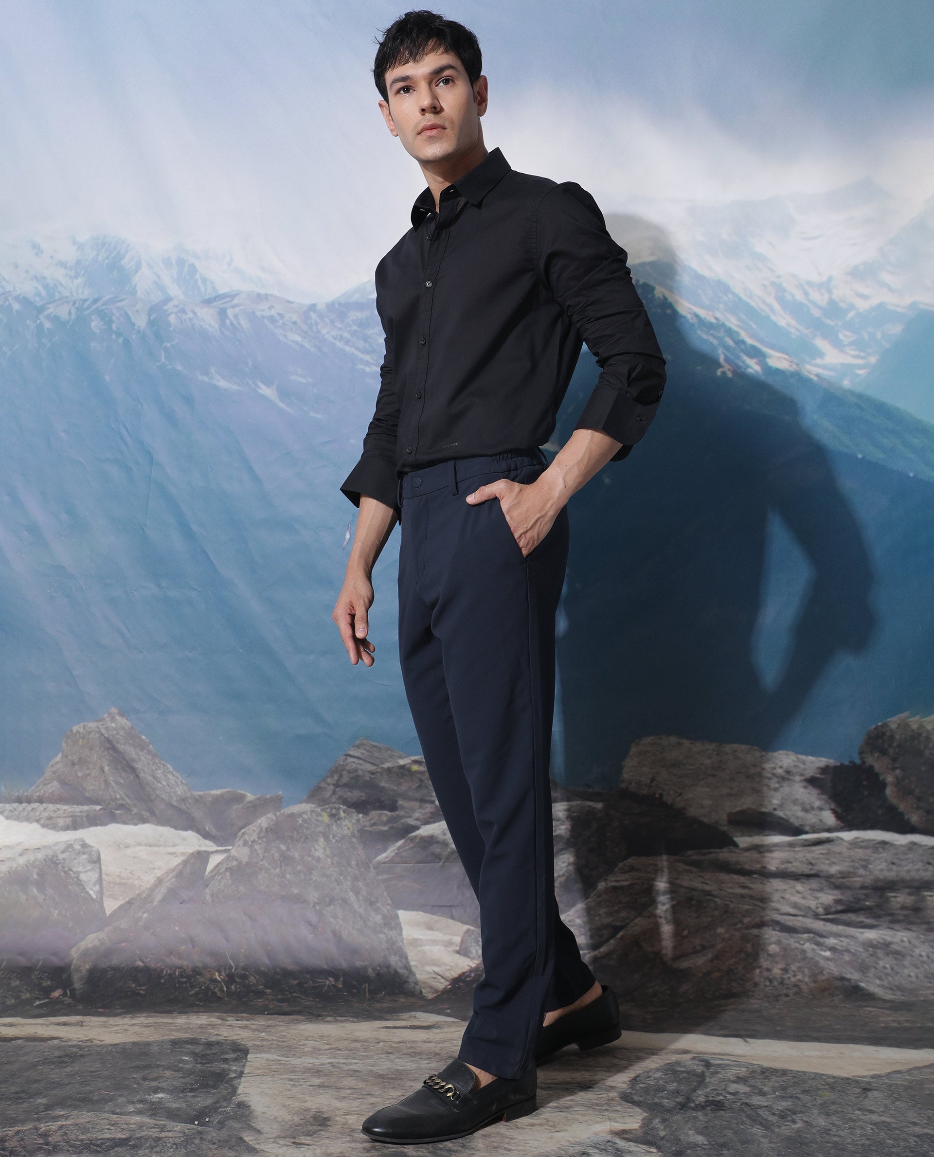 Rare Rabbit Men's Fullslee Black Cotton Fabric Full Sleeves Solid Shirt