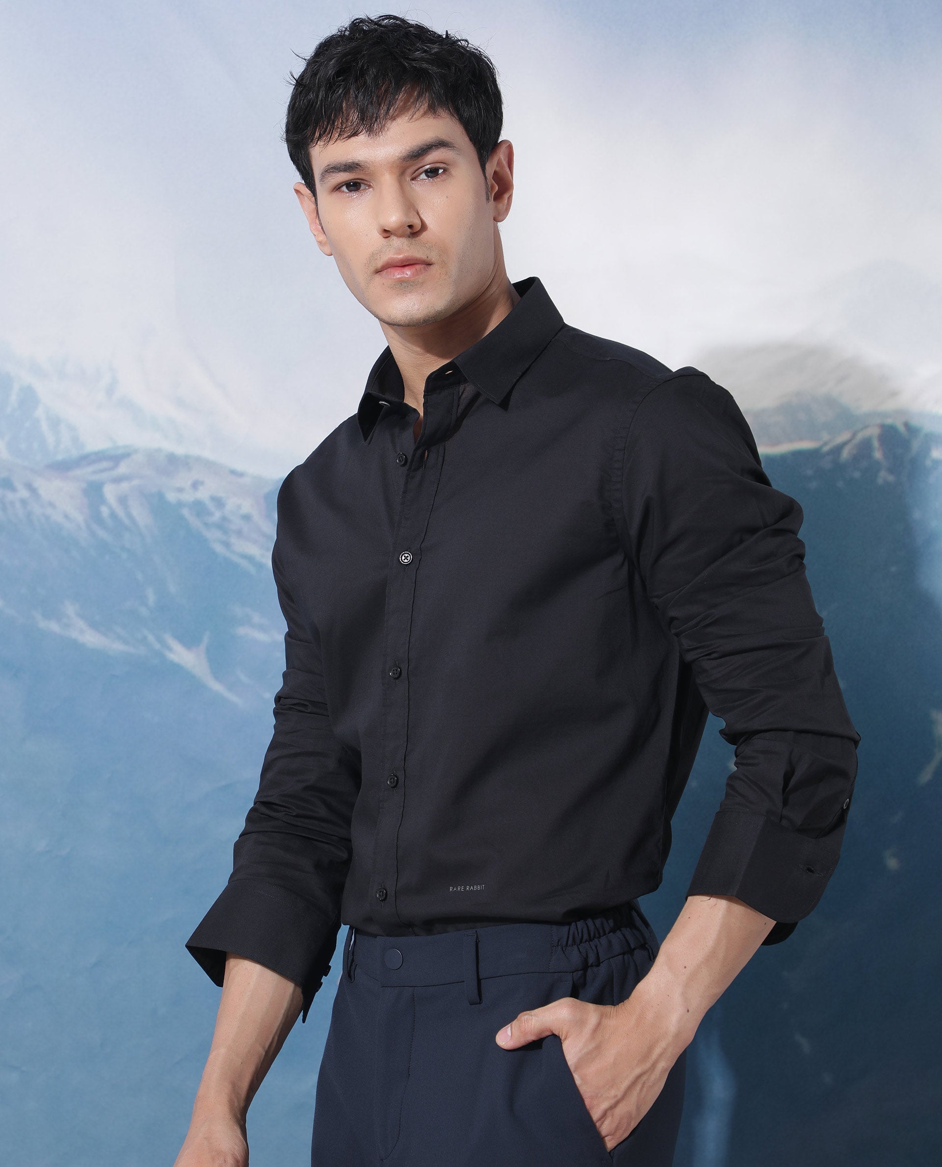 Rare Rabbit Men's Fullslee Black Cotton Fabric Full Sleeves Solid Shirt