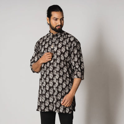 Black - Bagru Block Printing Cotton Men Short Kurta