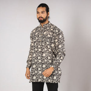 Black - Bagru Block Printing Cotton Men Short Kurta