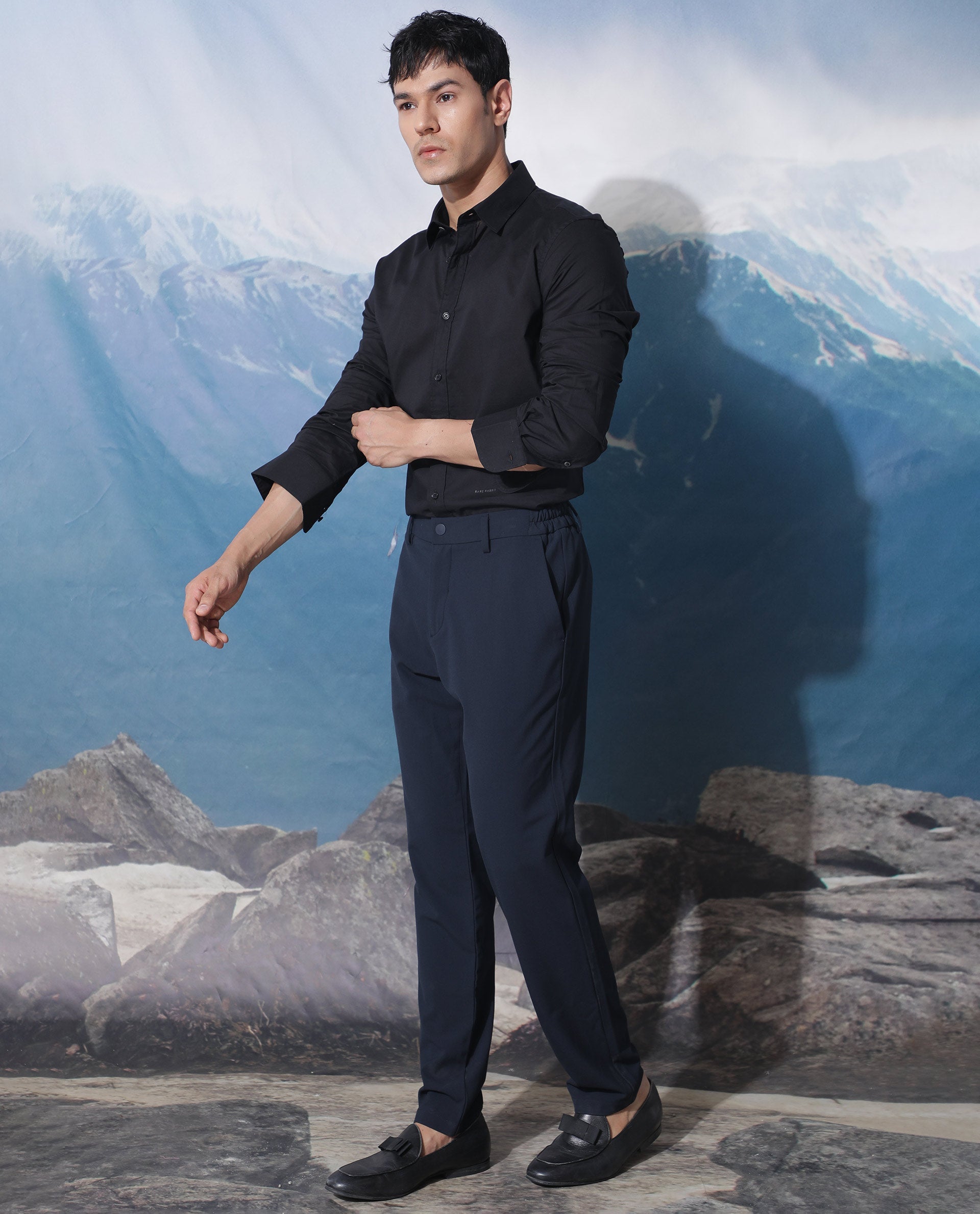 Rare Rabbit Men's Fullslee Black Cotton Fabric Full Sleeves Solid Shirt