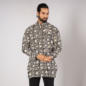 Black - Bagru Block Printing Cotton Men Short Kurta