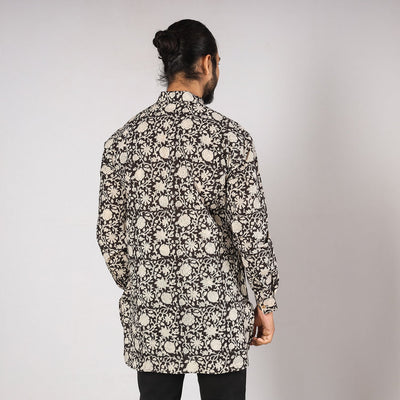 Black - Bagru Block Printing Cotton Men Short Kurta