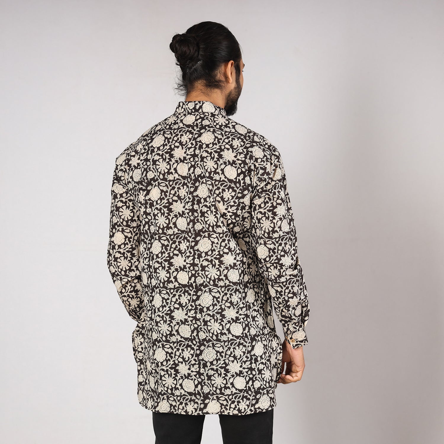 Black - Bagru Block Printing Cotton Men Short Kurta