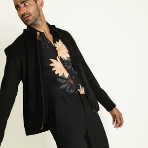 Rare Rabbit Men's Sink Black Plain Band Collar Suede Smart Jacket