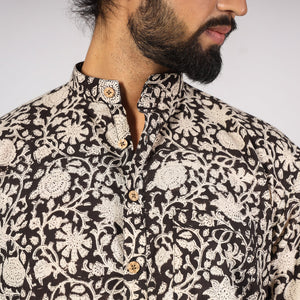 Black - Bagru Block Printing Cotton Men Short Kurta