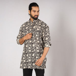 Black - Bagru Block Printing Cotton Men Short Kurta
