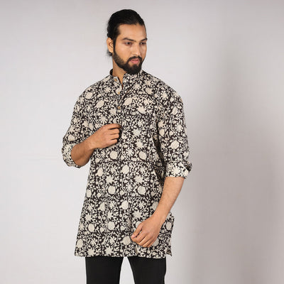 Black - Bagru Block Printing Cotton Men Short Kurta