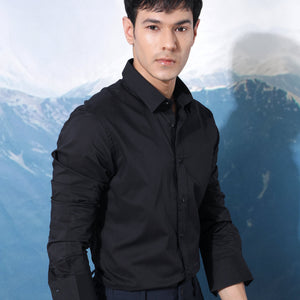 Rare Rabbit Men's Fullslee Black Cotton Fabric Full Sleeves Solid Shirt