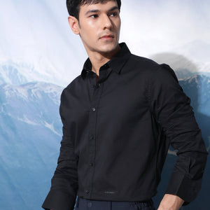 Rare Rabbit Men's Fullslee Black Cotton Fabric Full Sleeves Solid Shirt