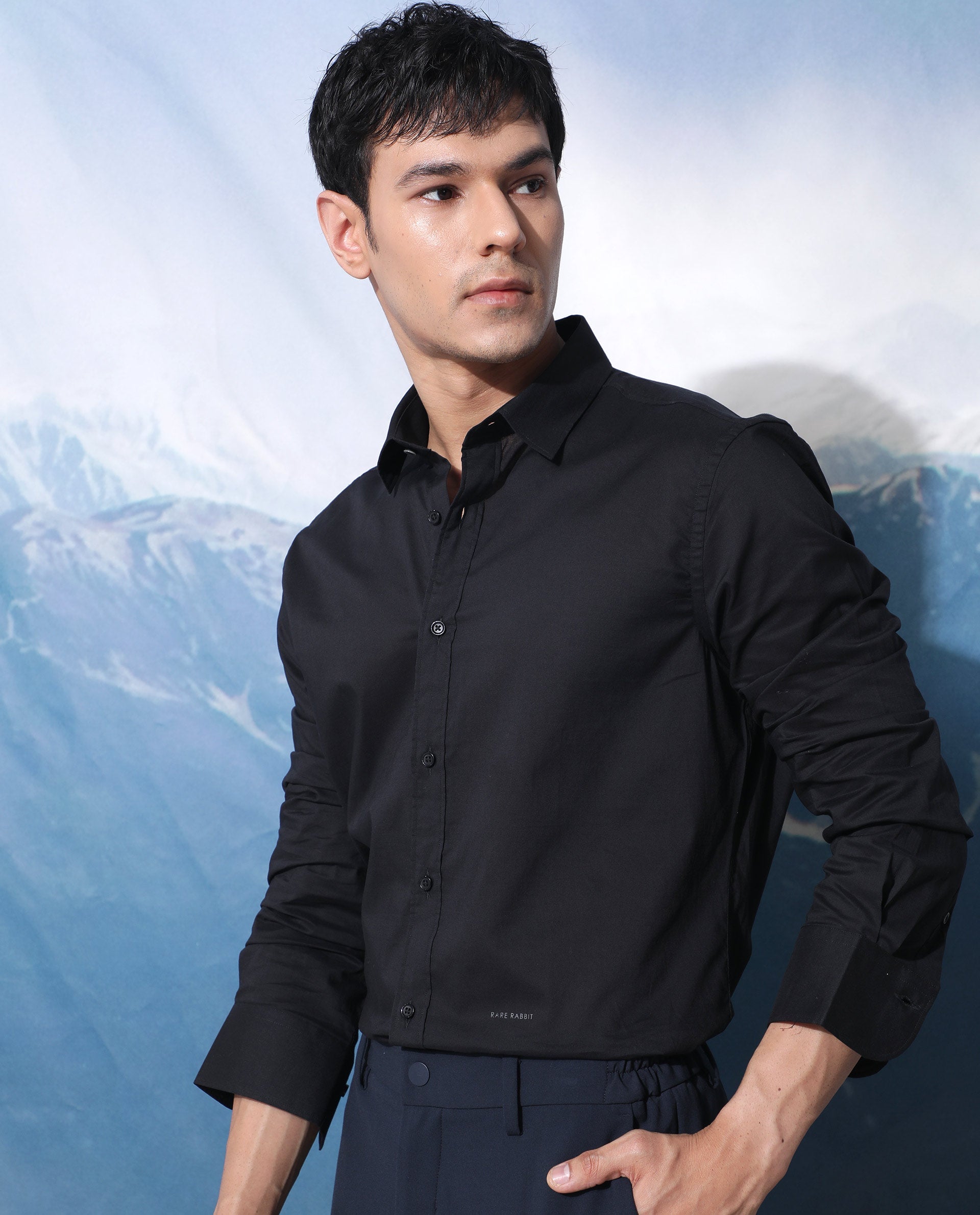 Rare Rabbit Men's Fullslee Black Cotton Fabric Full Sleeves Solid Shirt