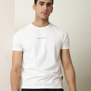 Rare Rabbit Men's Rabbi Off White Cotton Lycra Fabric Crew Neck Half Sleeves Regular Fit Rare Branding Solid T-Shirt