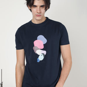 Rare Rabbit Men's Scoopp Navy Crew Neck Abstract Graphic Printed Half Sleeves Slim Fit T-Shirt