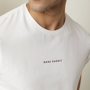 Rare Rabbit Men's Rabbi Off White Cotton Lycra Fabric Crew Neck Half Sleeves Regular Fit Rare Branding Solid T-Shirt