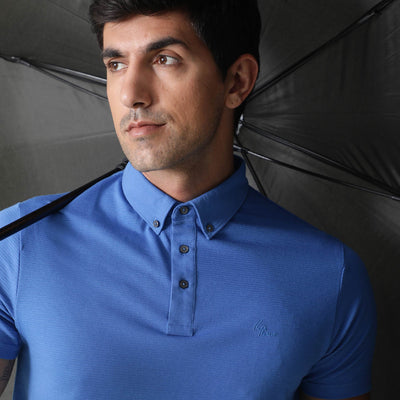 Rare Rabbit Men's Sailor-2 Blue Cotton Fabric Collared Neck Half Sleeves Self Stripe Polo T-Shirt