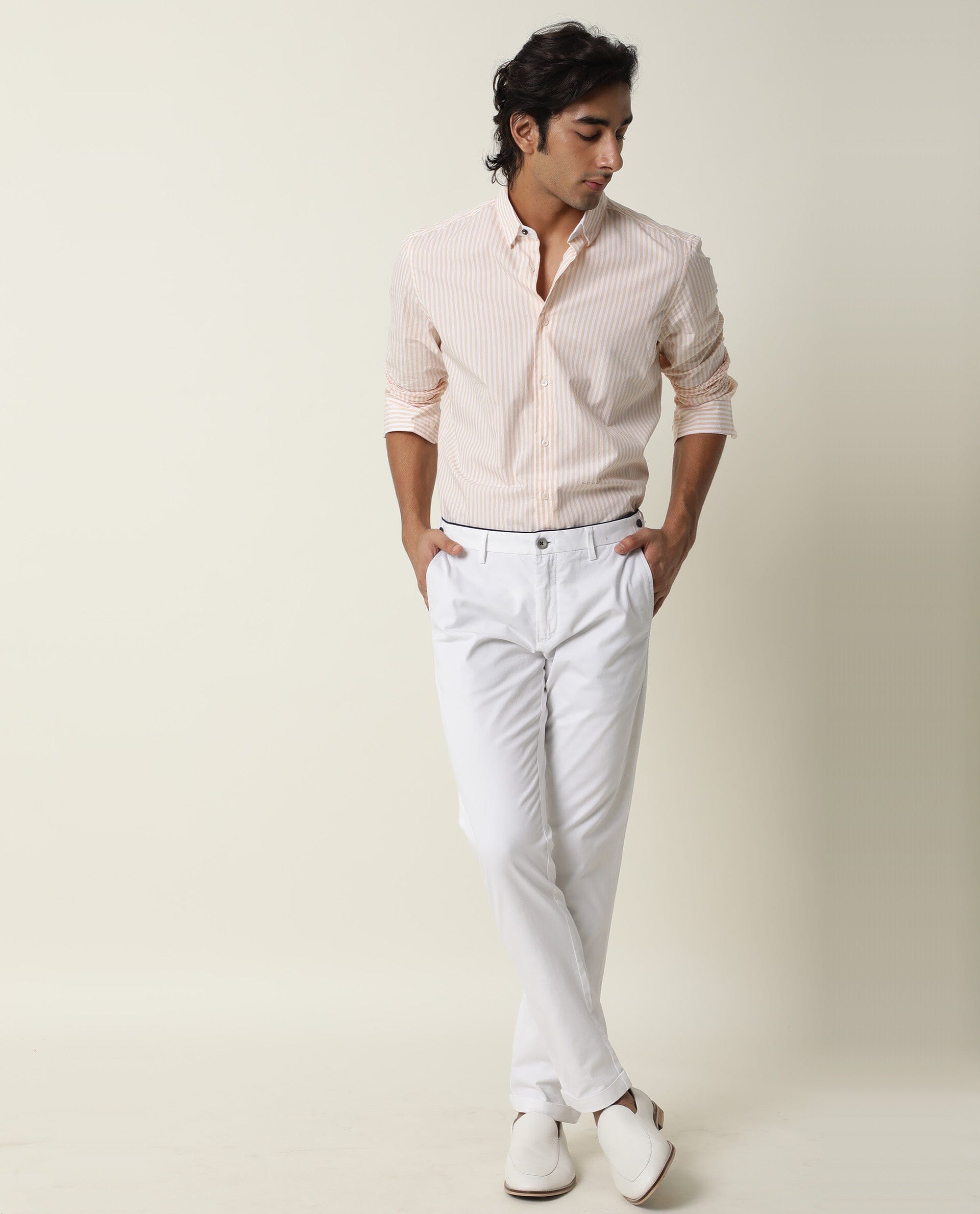 RARE RABBIT MEN'S FALL ORANGE SHIRT COTTON FABRIC COLLARED NECK FULL SLEEVES BUTTON CLOSURE SLIM FIT