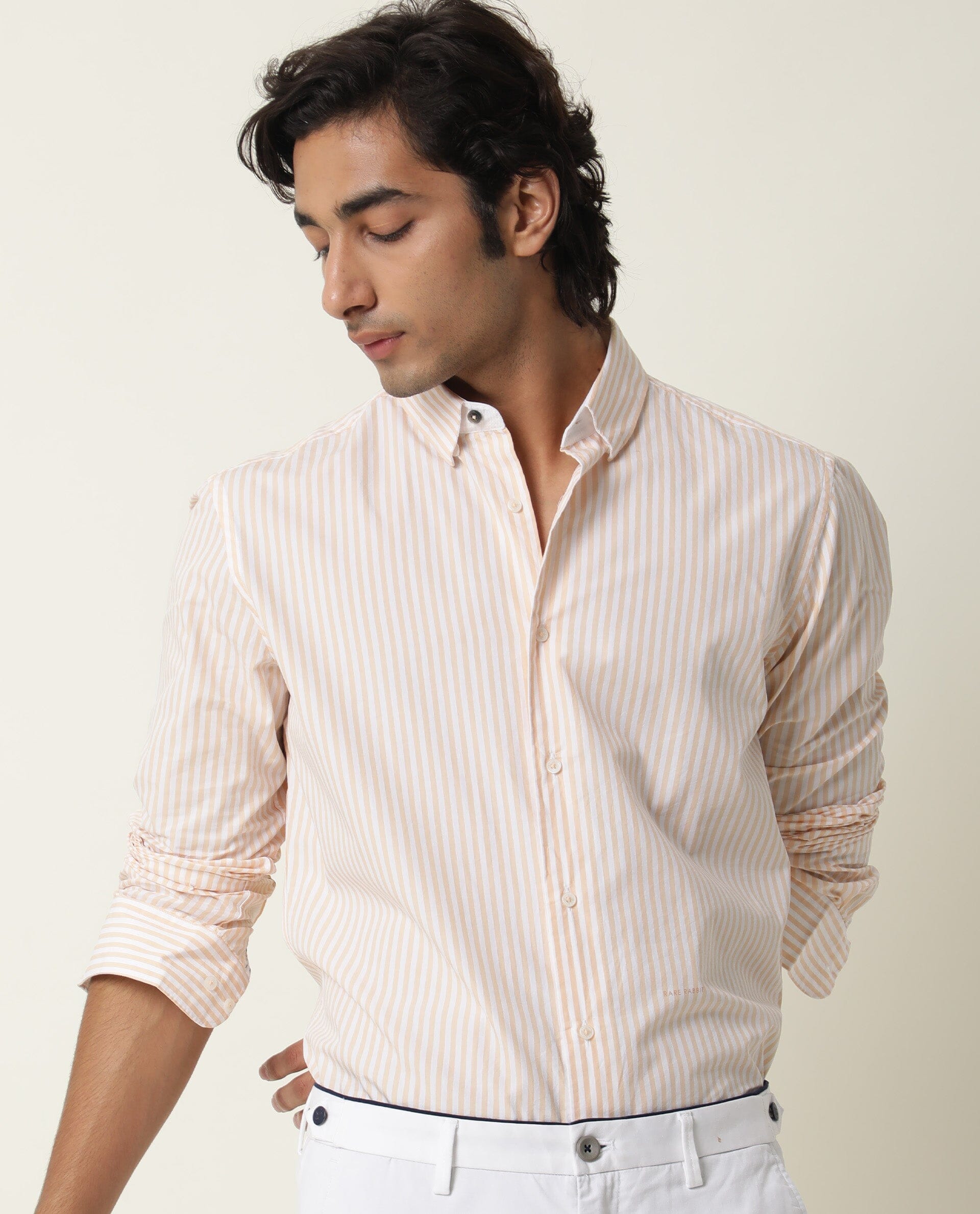 RARE RABBIT MEN'S FALL ORANGE SHIRT COTTON FABRIC COLLARED NECK FULL SLEEVES BUTTON CLOSURE SLIM FIT