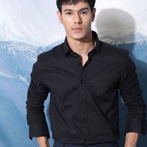 Rare Rabbit Men's Fullslee Black Cotton Fabric Full Sleeves Solid Shirt