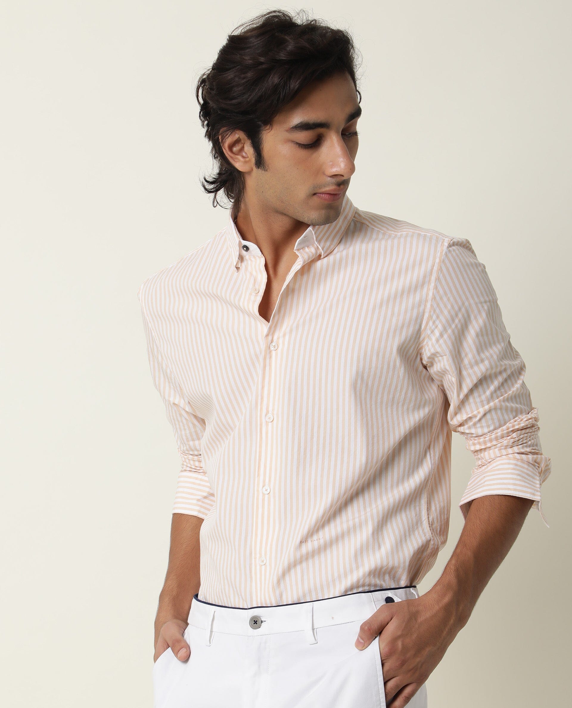 RARE RABBIT MEN'S FALL ORANGE SHIRT COTTON FABRIC COLLARED NECK FULL SLEEVES BUTTON CLOSURE SLIM FIT