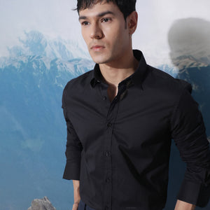 Rare Rabbit Men's Fullslee Black Cotton Fabric Full Sleeves Solid Shirt