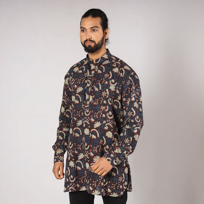 Blue - Bagru Block Printing Cotton Men Short Kurta