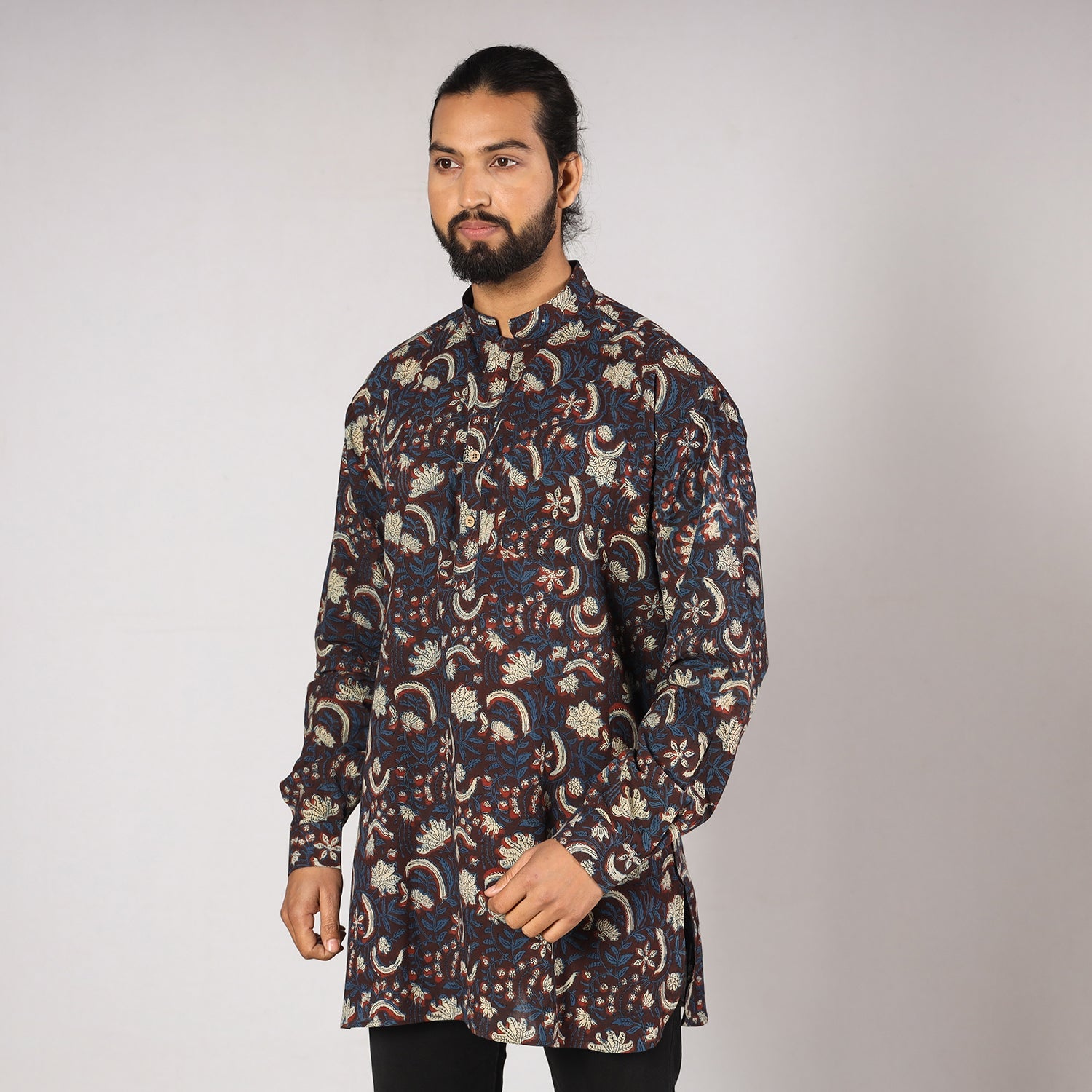 Blue - Bagru Block Printing Cotton Men Short Kurta