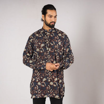 Blue - Bagru Block Printing Cotton Men Short Kurta