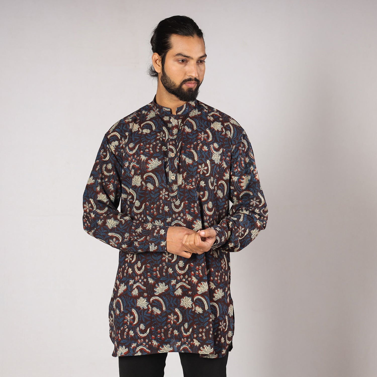 Blue - Bagru Block Printing Cotton Men Short Kurta