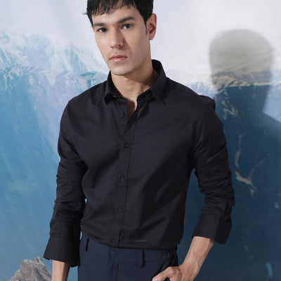 Rare Rabbit Men's Fullslee Black Cotton Fabric Full Sleeves Solid Shirt