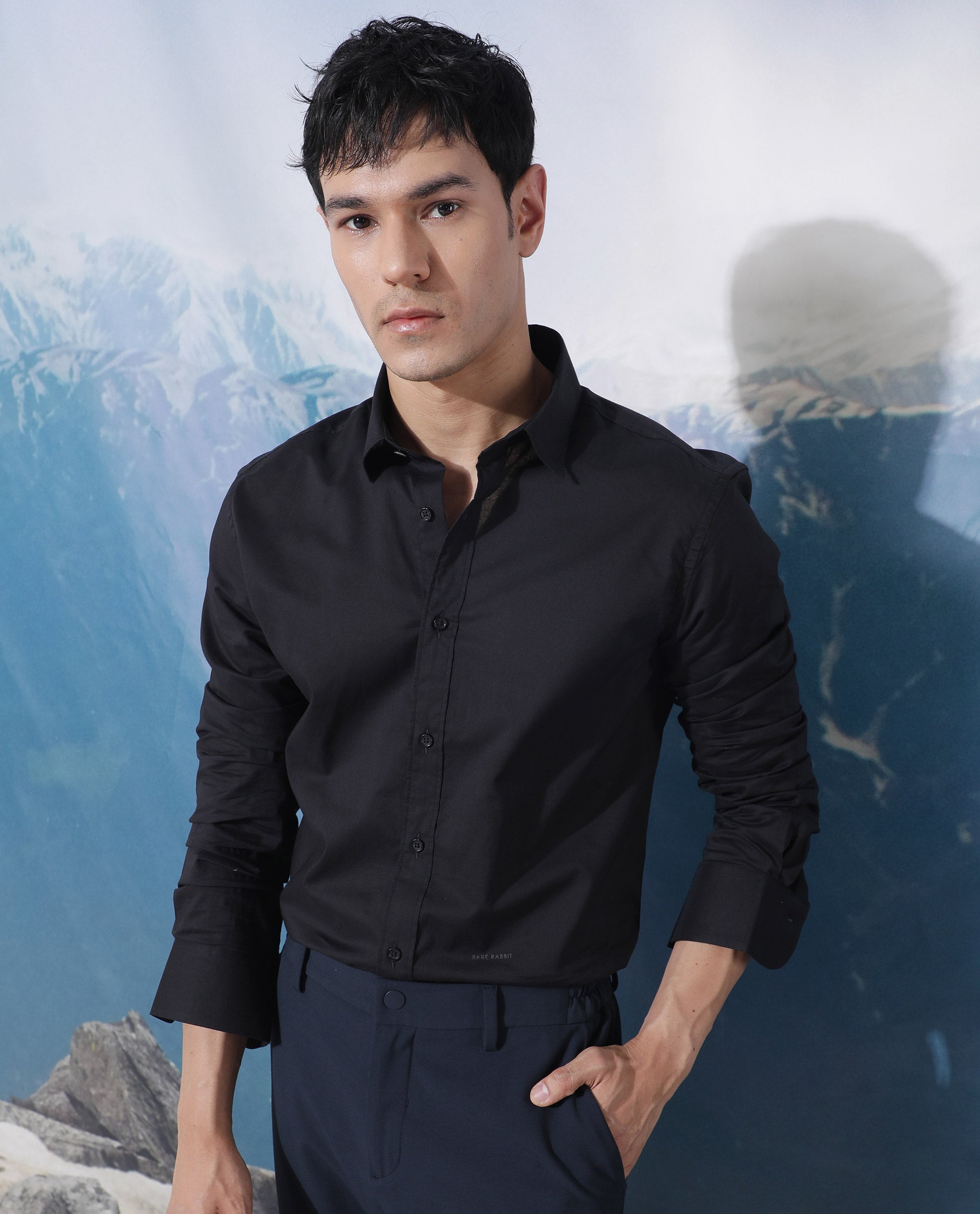 Rare Rabbit Men's Fullslee Black Cotton Fabric Full Sleeves Solid Shirt