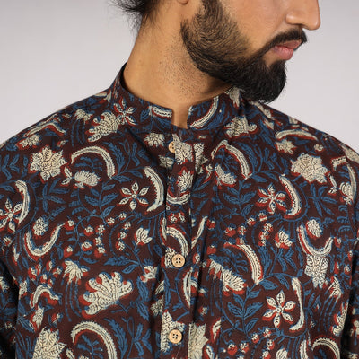Blue - Bagru Block Printing Cotton Men Short Kurta