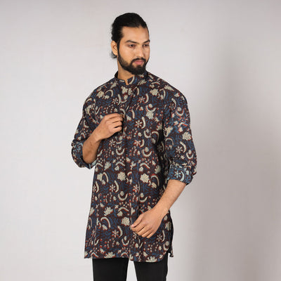 Blue - Bagru Block Printing Cotton Men Short Kurta