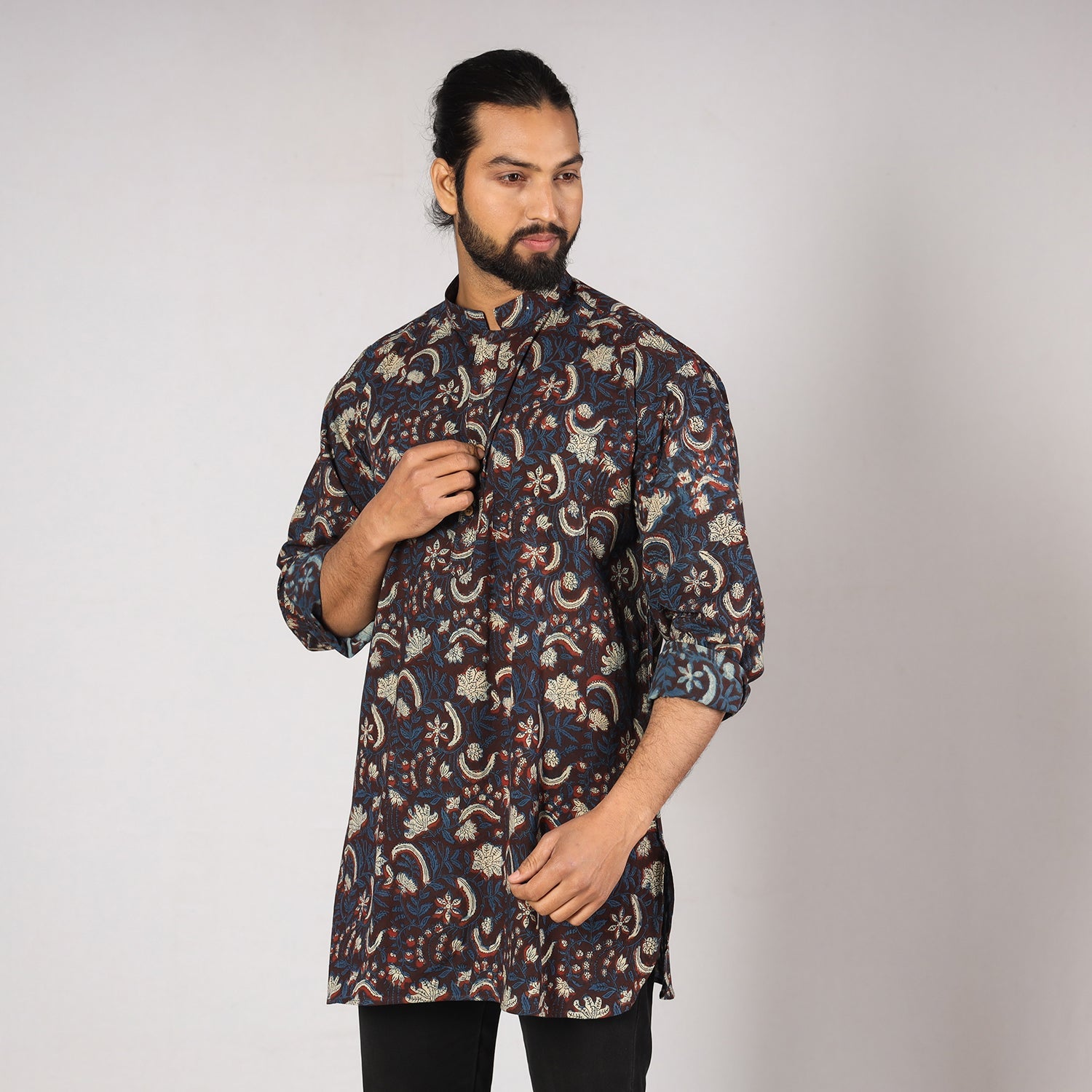 Blue - Bagru Block Printing Cotton Men Short Kurta