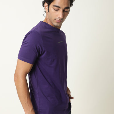 Rare Rabbit Men's Rabbit-4 Purple Crew Neck HD Print Branding Half Sleeves Regular Fit T-Shirt