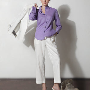Rareism Women Jayleen Fluorescent Purple Modal Linen Fabric Full Sleeves Button Closure Shirt Collar Slim Fit Plain Top